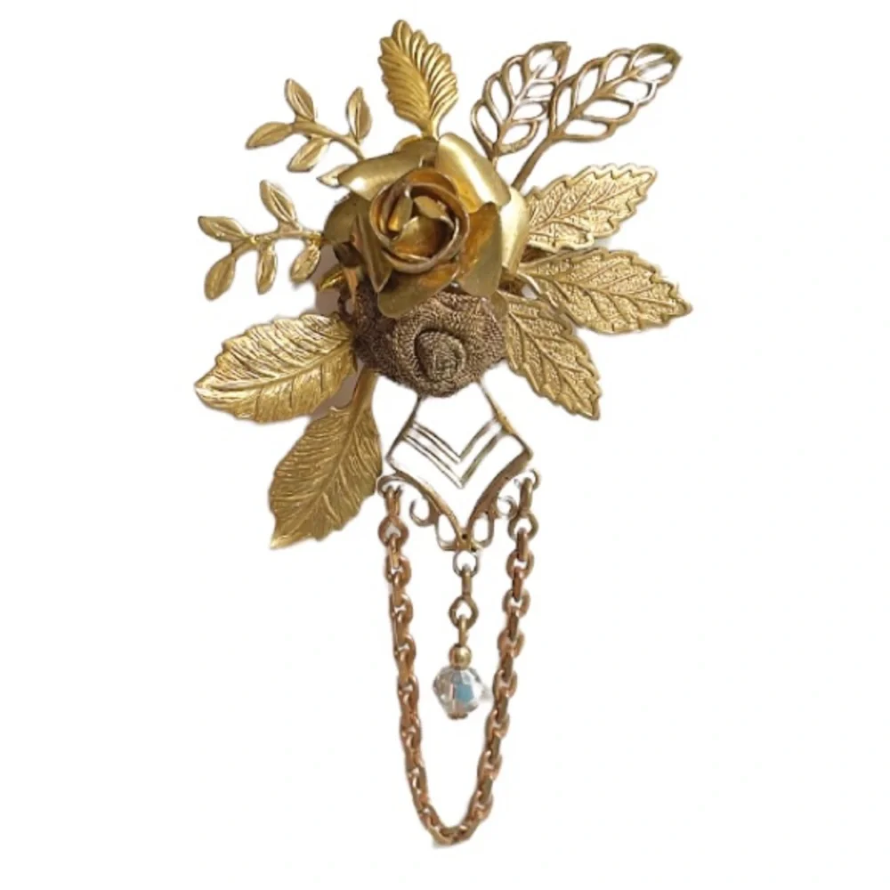 Vintage Gold Floral Rose Brooch with Chain and Clear Crystal